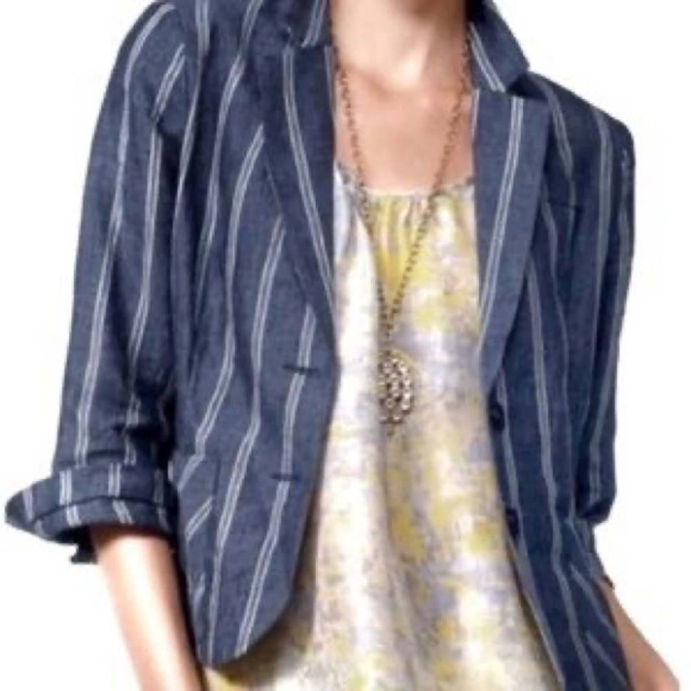 CAbi navy and white striped linen blazer